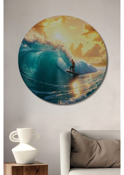 Sörfçü Cenneti Yağlı Boya Görünümlü Dekoratif Ahşap Ev/işyeri/ofis Yuvarlak Tablo