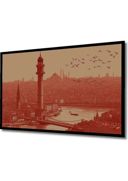 Çerçeve Görünümlü Kız Kulesi ve Istanbul Silüeti Yağlı Boya Görünümlü Ahşap Ofis Kare Tablo fiyatları