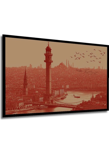 Çerçeve Görünümlü Kız Kulesi ve Istanbul Silüeti Yağlı Boya Görünümlü Ahşap Ofis Kare Tablo modelleri