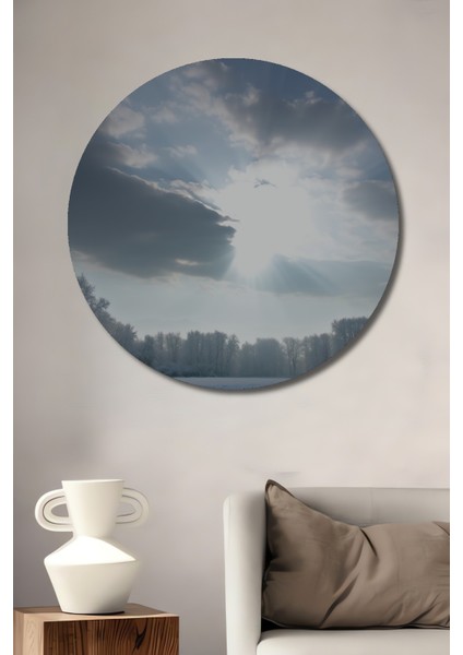 Büyülü Kış Manzarası Yağlı Boya Görünümlü Dekoratif Ahşap Ev/işyeri/ofis Yuvarlak Tablo