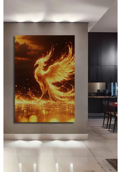 Ateşten Yükselen Phoenix Kuşu Yağlı Boya Görünümlü Dekoratif Ahşap Ev/işyeri/ofis Kare Tablo