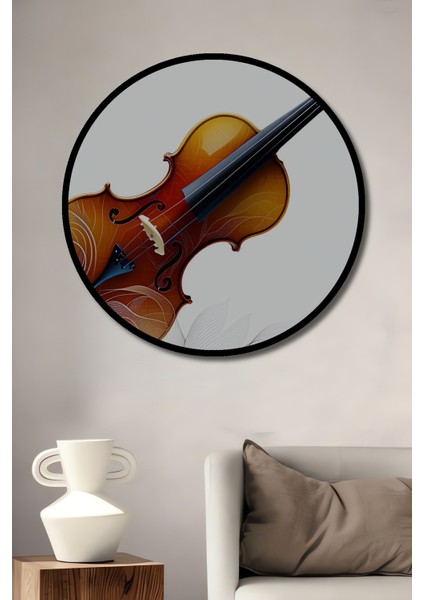 Çerçeve Görünümlü Soyut Çizgili Keman Yağlı Boya Görünümlü Dekoratif Ahşap Ofis Yuvarlak Tablo