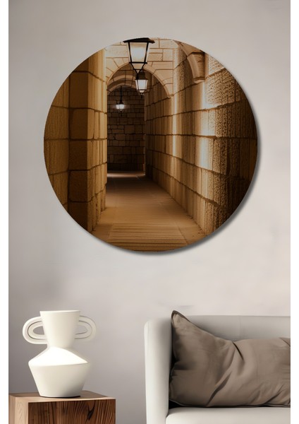 Antik Taş Sokak Yağlı Boya Görünümlü Dekoratif Ahşap Ev/işyeri/ofis Yuvarlak Tablo