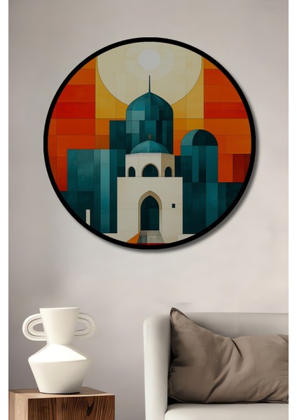 Çerçeve Görünümlü Mozaik Desenli Cami Minareleri Yağlı Boya Görünümlü Ahşap Ofis Yuvarlak Tablo