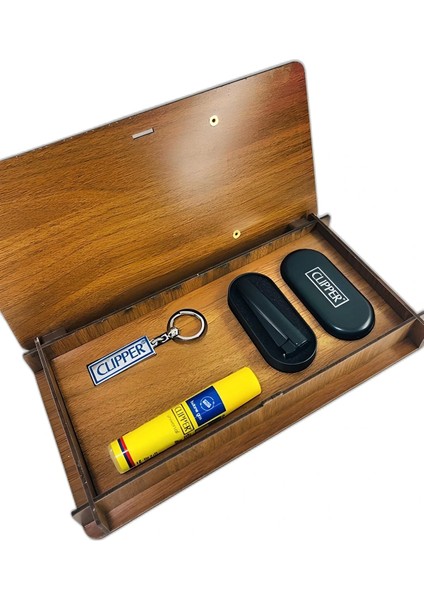 Ahşap Gazlı Metal Turbo Rüzgarlı Çakmak Seti Siyah