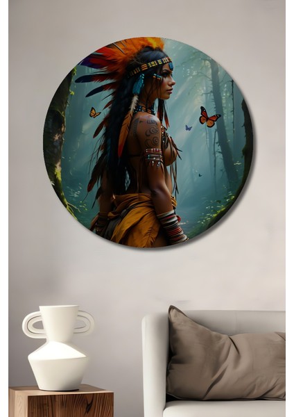 Kızılderili Kadın ve Kelebekler Yağlı Boya Görünümlü Dekoratif Ahşap Ev/işyeri/ofis Yuvarlak Tablo