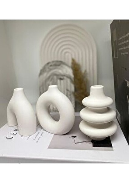 Minimal Vazo Seti 3'lü Beyaz Taş Tozu Malzemeden Bohem Tasarım 10 cm modelleri