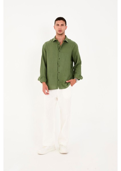 R-6048 Ayaklı Yaka Arka Roba Detaylı Uzun Kol Müslin Gömlek