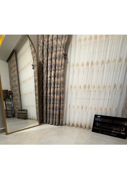 Nivemeshome Sinop 523 V-104 Altın Işlemeli 1/3 Sık Pileli Tül Perde Apm