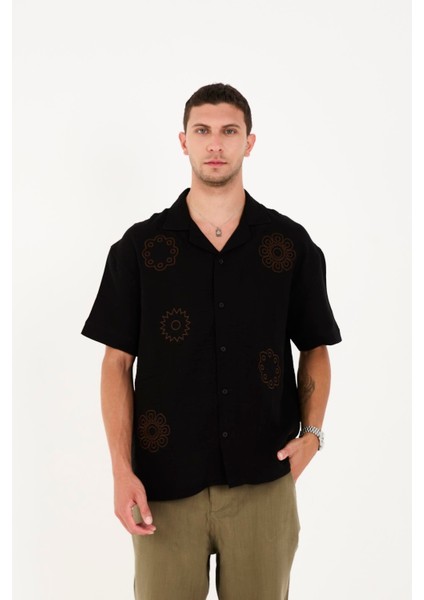 R-6063 Apaç Yaka Kısa Kol Nakışlı Müslin Gömlek fiyatları