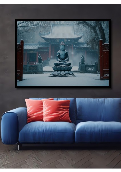 Çerçeve Görünümlü Karda Meditasyon Yapan Buda Heykeli Yağlı Boya Görünümlü Ahşap Ofis Kare Tablo