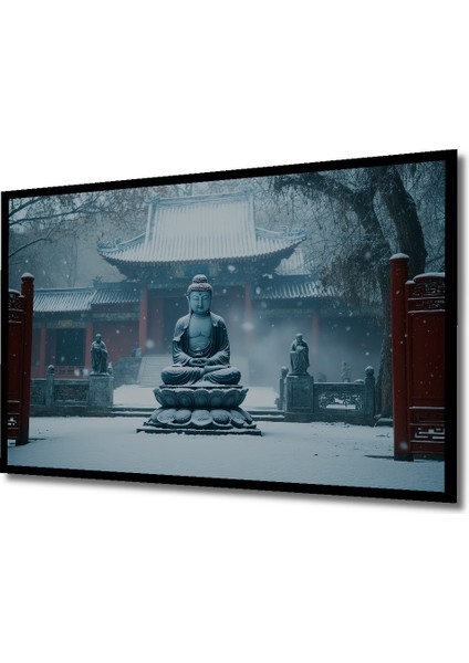 Çerçeve Görünümlü Karda Meditasyon Yapan Buda Heykeli Yağlı Boya Görünümlü Ahşap Ofis Kare Tablo fiyatları