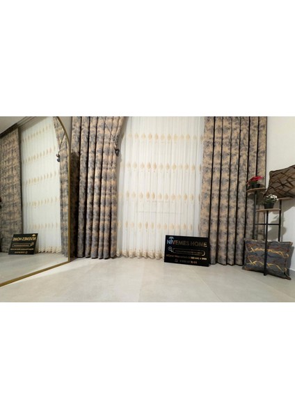 Nivemeshome Sinop 523 V-104 Altın Işlemeli 1/3 Sık Pileli Tül Perde Apm