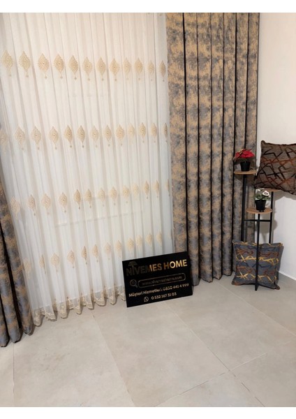 Nivemeshome Sinop 523 V-104 Altın Işlemeli 1/3 Sık Pileli Tül Perde Apm indirimleri