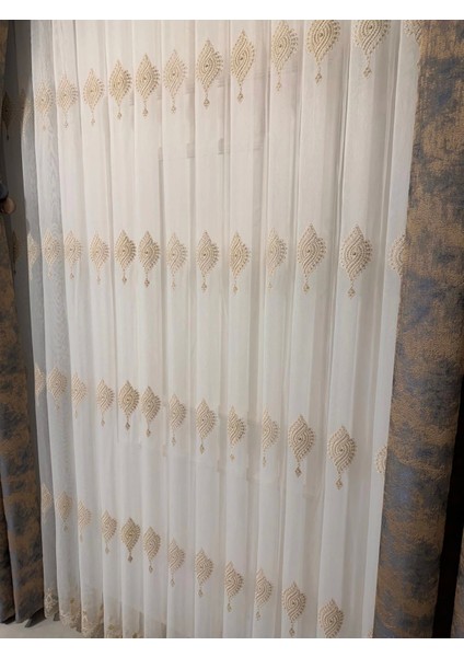 Nivemeshome Sinop 523 V-104 Altın Işlemeli 1/3 Sık Pileli Tül Perde Apm
