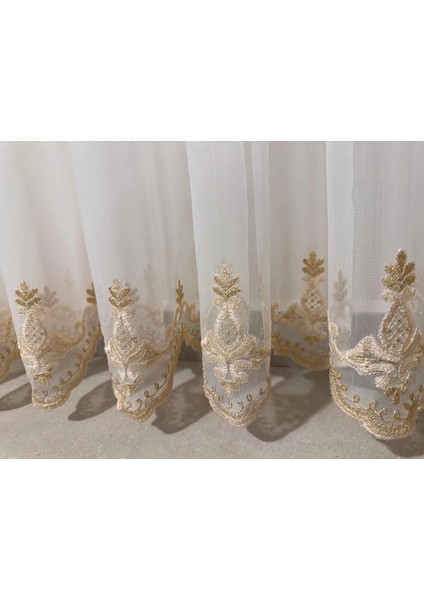 Nivemeshome Sinop 523 V-104 Altın Işlemeli 1/3 Sık Pileli Tül Perde Apm