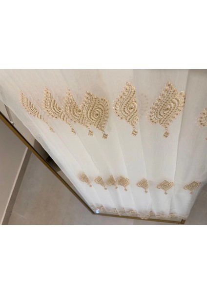 Nivemeshome Sinop 523 V-104 Altın Işlemeli 1/3 Sık Pileli Tül Perde Apm