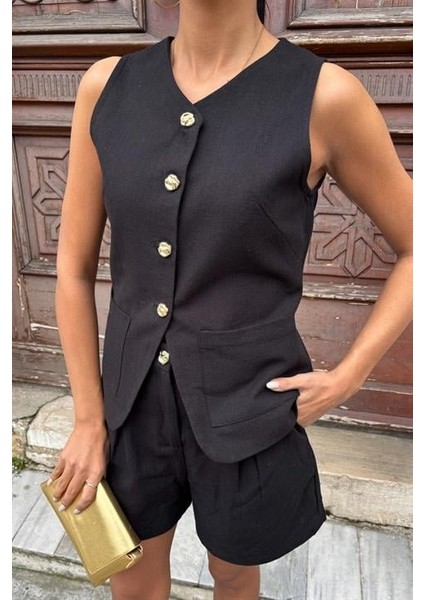 Ezel Glory Gold Düğme Detaylı Yelek Şort Cotton Takım 10134-17 modelleri