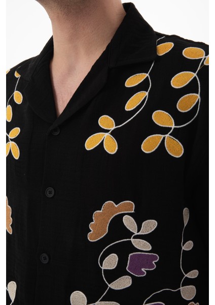 R-6057 Apaç Yaka Kısa Kol Nakışlı Müslin Gömlek fırsatları