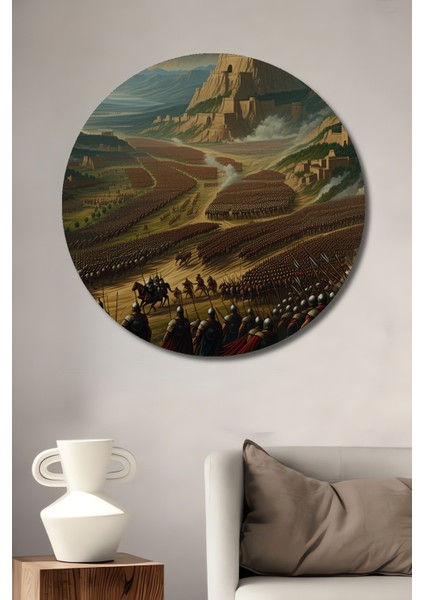 Destansı Savaş Alanı Yağlı Boya Görünümlü Dekoratif Ahşap Ev/işyeri/ofis Yuvarlak Tablo