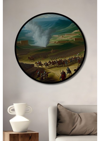 Çerçeve Görünümlü Epik Savaş Alanı Yağlı Boya Görünümlü Dekoratif Ahşap Işyeri/ofis Yuvarlak Tablo