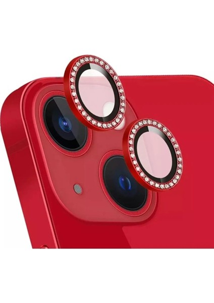 (Kaliteyi Bozmaz) (Taşlı Lens Koruyucu) (Kaliteyi Bozmaz) iPhone 13 / (Kaliteyi Bozmaz) iPhone 13 Mini Uyumlu Taşlı Çerçeveli Kamera Kırmızı Lens Koruyucu