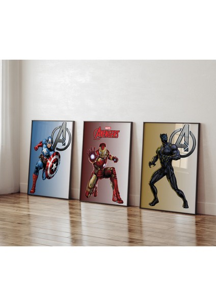 (Çerçevesiz) Kaptan Amerika, Demir Adam, Black Panther Poster Seti 3 Lü Çerçevesiz Poster, Marvel Poster