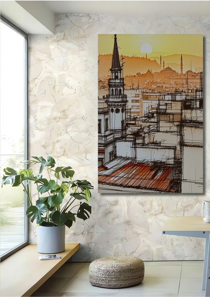 Istanbul Silüeti Kara Kalem Görünümlü Dekoratif Ahşap Ev/işyeri/ofis Kare Tablo