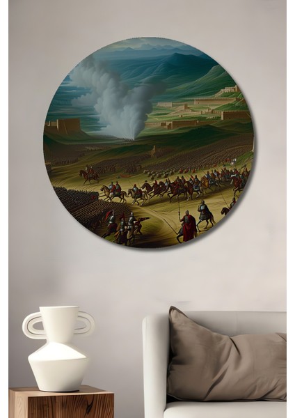 Epik Savaş Alanı Yağlı Boya Görünümlü Dekoratif Ahşap Ev/işyeri/ofis Yuvarlak Tablo