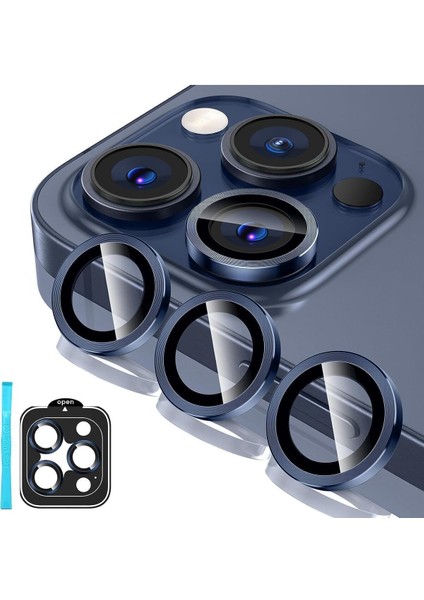 (Kaliteyi Bozmaz) iPhone 15 Pro Max / 15 Pro Uyumlu Mavi Safir Kamera Lens Koruyucu Takma Aparatlı Kolay Kurulum