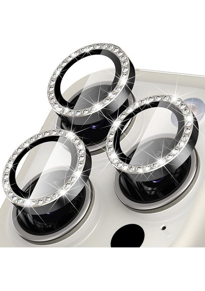 (Kaliteyi Bozmaz) iPhone 15 Pro Max / 15 Pro Uyumlu Taşlı Kamera Gümüş Lens Koruyucu