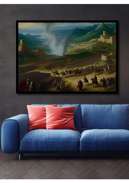 Çerçeve Görünümlü Epik Savaş Alanı Yağlı Boya Görünümlü Dekoratif Ahşap Ev/işyeri/ofis Kare Tablo