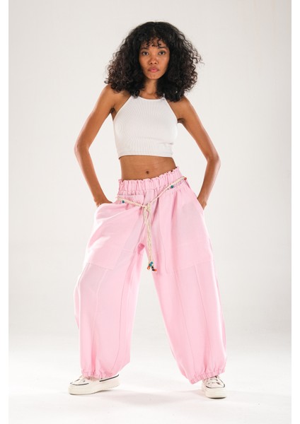 Tasarım Keten Pembe Baggy Pantolon