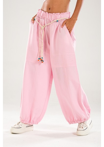 Tasarım Keten Pembe Baggy Pantolon fiyatları
