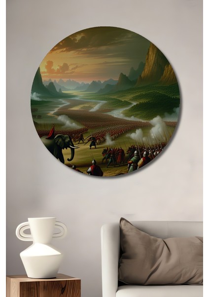 Fil Dişli Yağlı Boya Görünümlü Savaş Alanı Ev/işyeri/ofis Dekoratif Ahşap Yuvarlak Tablo