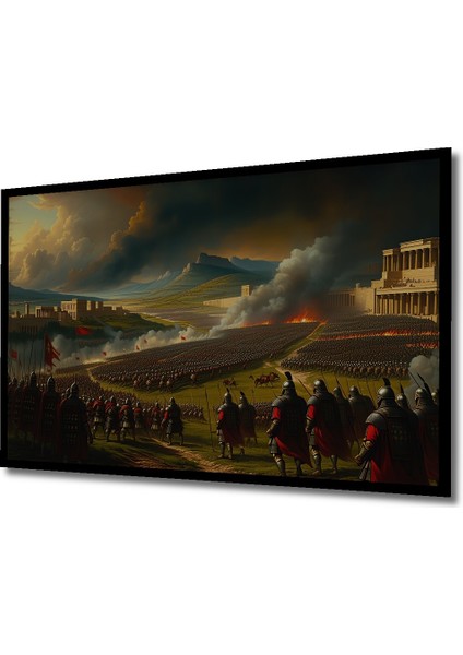 Çerçeve Görünümlü Destansı Savaş Alanı Yağlı Boya Görünümlü Dekoratif Ahşap Işyeri/ofis Kare Tablo fiyatları