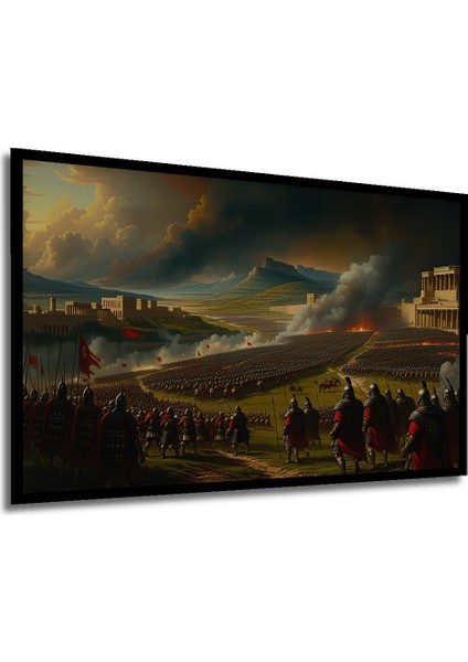 Çerçeve Görünümlü Destansı Savaş Alanı Yağlı Boya Görünümlü Dekoratif Ahşap Işyeri/ofis Kare Tablo modelleri
