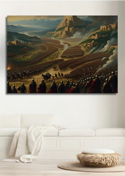 Destansı Savaş Alanı Yağlı Boya Görünümlü Dekoratif Ahşap Ev/işyeri/ofis Kare Tablo