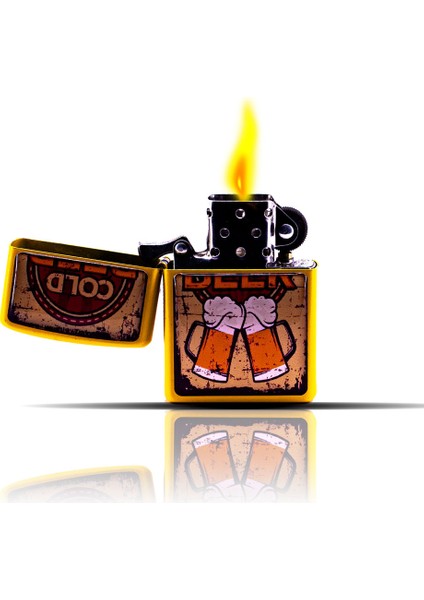 Cold Beer Sarı Retro Cold Beer Bira Desenli Sarı Benzinli Çakmak indirimleri