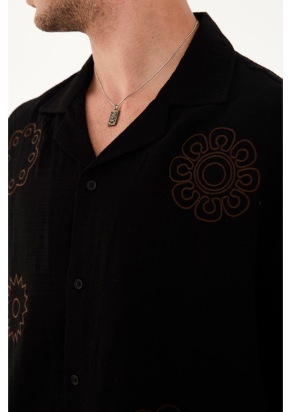 R-6063 Apaç Yaka Kısa Kol Nakışlı Müslin Gömlek fırsatları