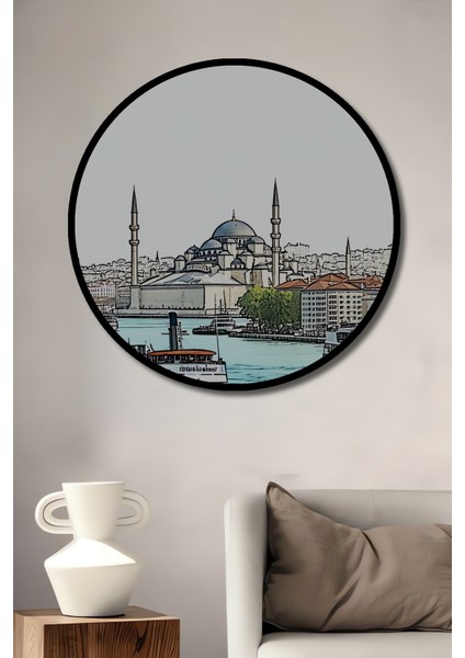 Çerçeve Görünümlü Istanbul Silüeti Kara Kalem Görünümlü Dekoratif Ahşap Işyeri/ofis Yuvarlak Tablo