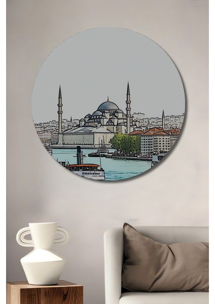 Istanbul Silüeti Kara Kalem Görünümlü Dekoratif Ahşap Ev/işyeri/ofis Yuvarlak Tablo