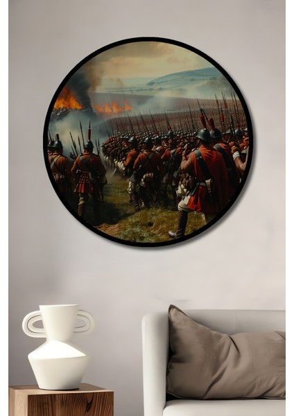 Çerçeve Görünümlü Tarihi Savaş Alanı Yağlı Boya Görünümlü Dekoratif Ahşap Ofis Yuvarlak Tablo