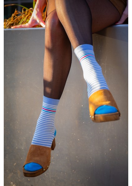 Kadın Bambu Çorap 3'lü Paket Açık Mavi Çizgili (Beden 36-41)