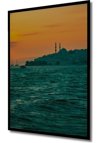 Çerçeve Görünümlü Gün Batımı Istanbul Silüeti Yağlı Boya Görünümlü Dekoratif Ahşap Ofis Kare Tablo fiyatları