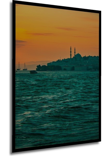Çerçeve Görünümlü Gün Batımı Istanbul Silüeti Yağlı Boya Görünümlü Dekoratif Ahşap Ofis Kare Tablo modelleri