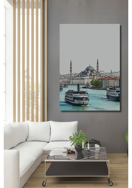 Istanbul Silüeti Kara Kalem Görünümlü Dekoratif Ahşap Ev/işyeri/ofis Kare Tablo