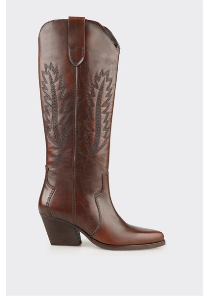 Kahve Deri Kadın Western Çizme