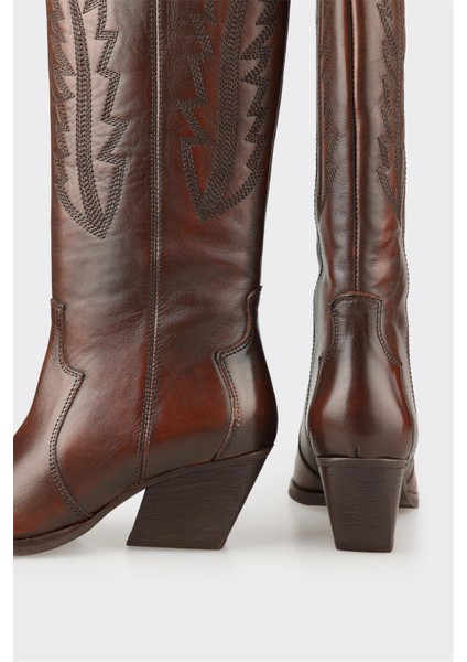 Kahve Deri Kadın Western Çizme fırsatları