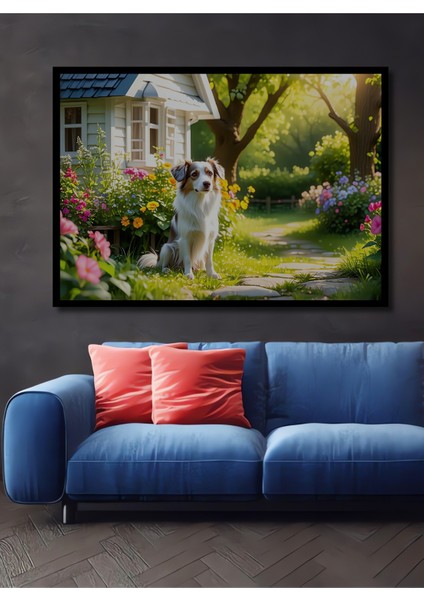 Çerçeve Görünümlü Şirin Köpek ve Çiçek Bahçesi Yağlı Boya Görünümlü Dekoratif Ahşap Ofis Kare Tablo